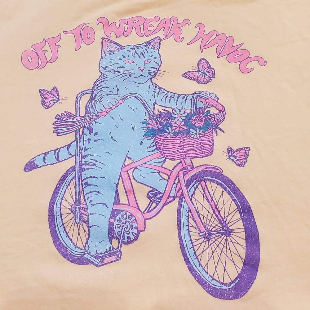 AS Colour Women's Small Crop Tee Peach "Off To Wreak‎ Havoc" Cat Bicycle Shirt